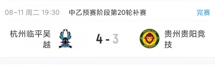杭州临平吴越补赛4-3力克贵阳竞技 预赛剩2轮距前四3分 杭州临平吴越补赛4-3力克贵阳竞技 预赛剩2轮距前四3分