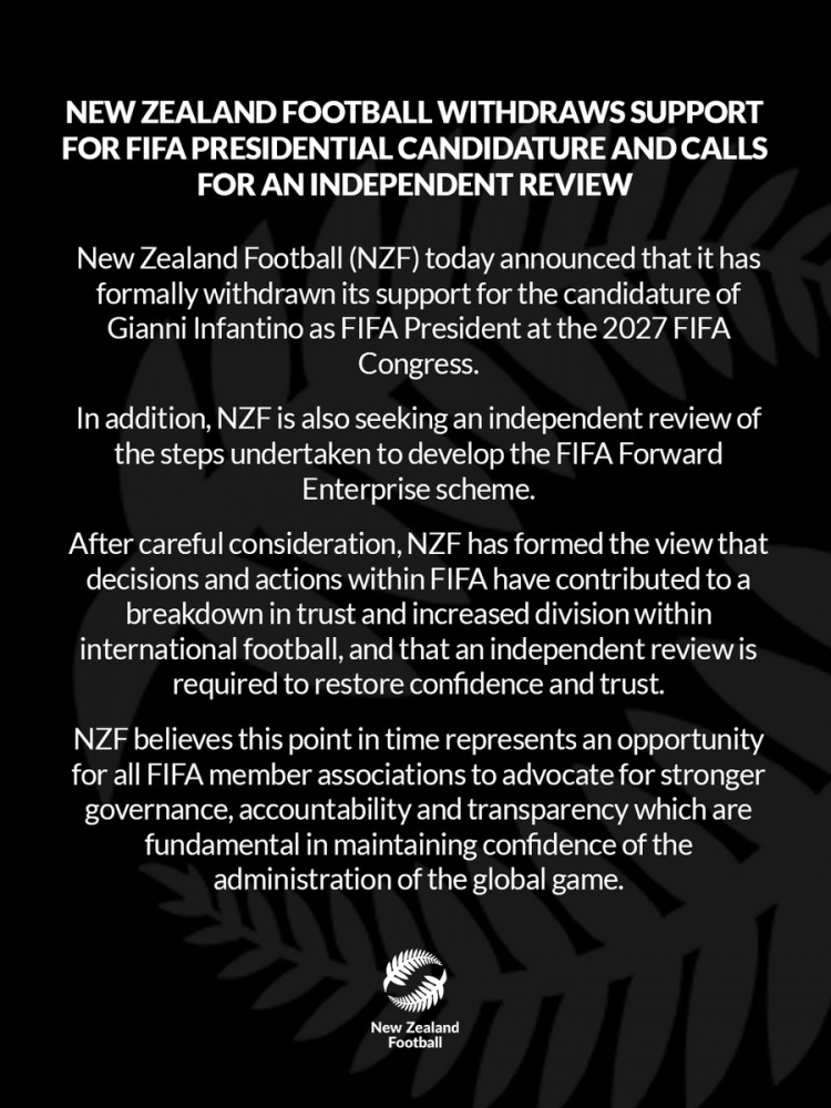 新西兰足协撤回对因凡蒂诺支持 要求独立审查FIFA决策