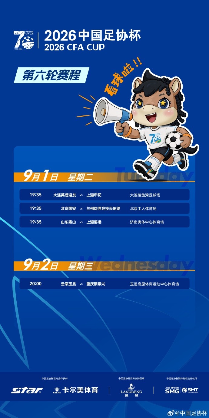 足协杯1/4决赛赛程公布 泰山海港9月1日济南开球